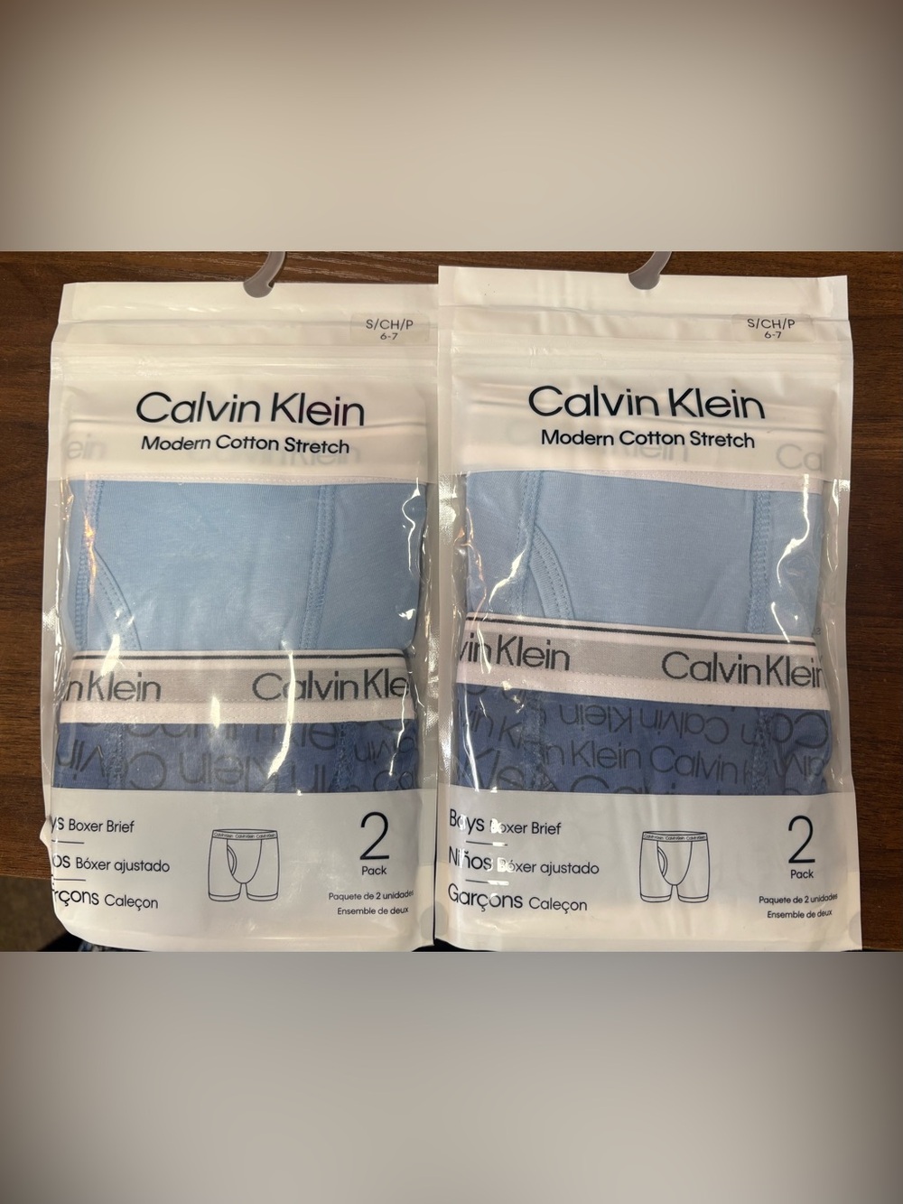 Calvin Klein Boys 6-7 Light Blue Modern Cotton Stretch Boxer Briefs -two 2 Pack